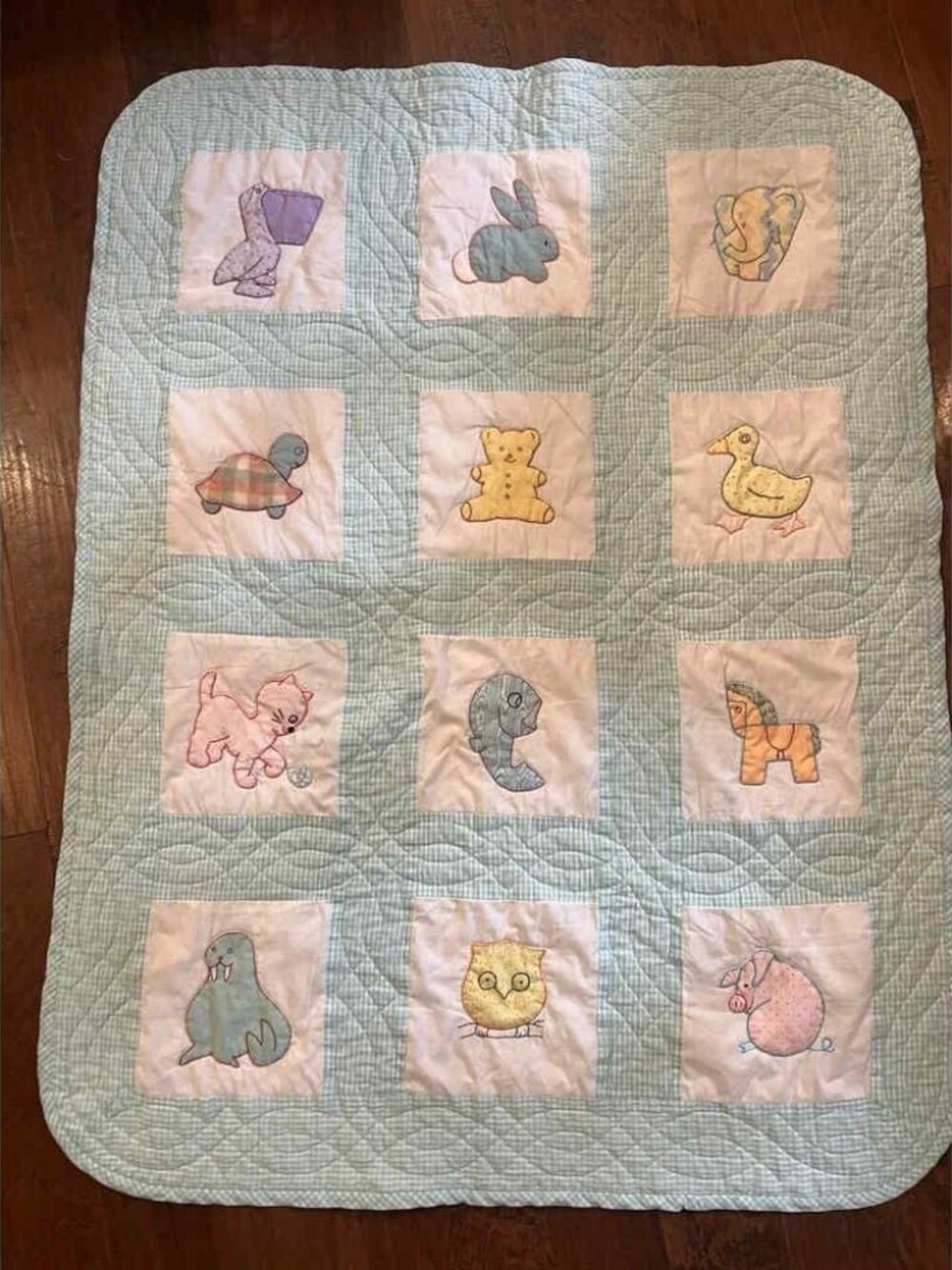 Vintage Handmade Baby Crib Quilt Crib Blanket Multicolor Animals 55x42